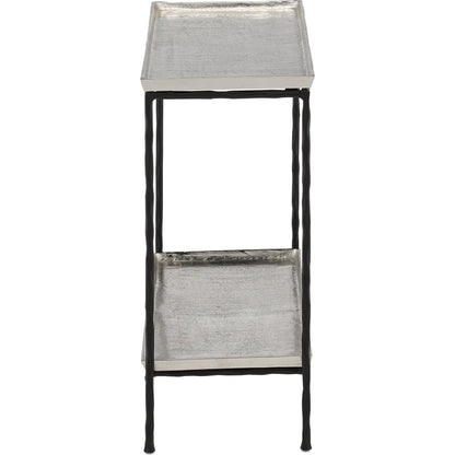 Boyles Brass Side Table by Currey and Company in antique brass, black. Made from cast aluminum, iron in a transitional style.