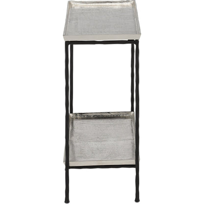 Boyles Brass Side Table by Currey and Company in antique brass, black. Made from cast aluminum, iron in a transitional style.