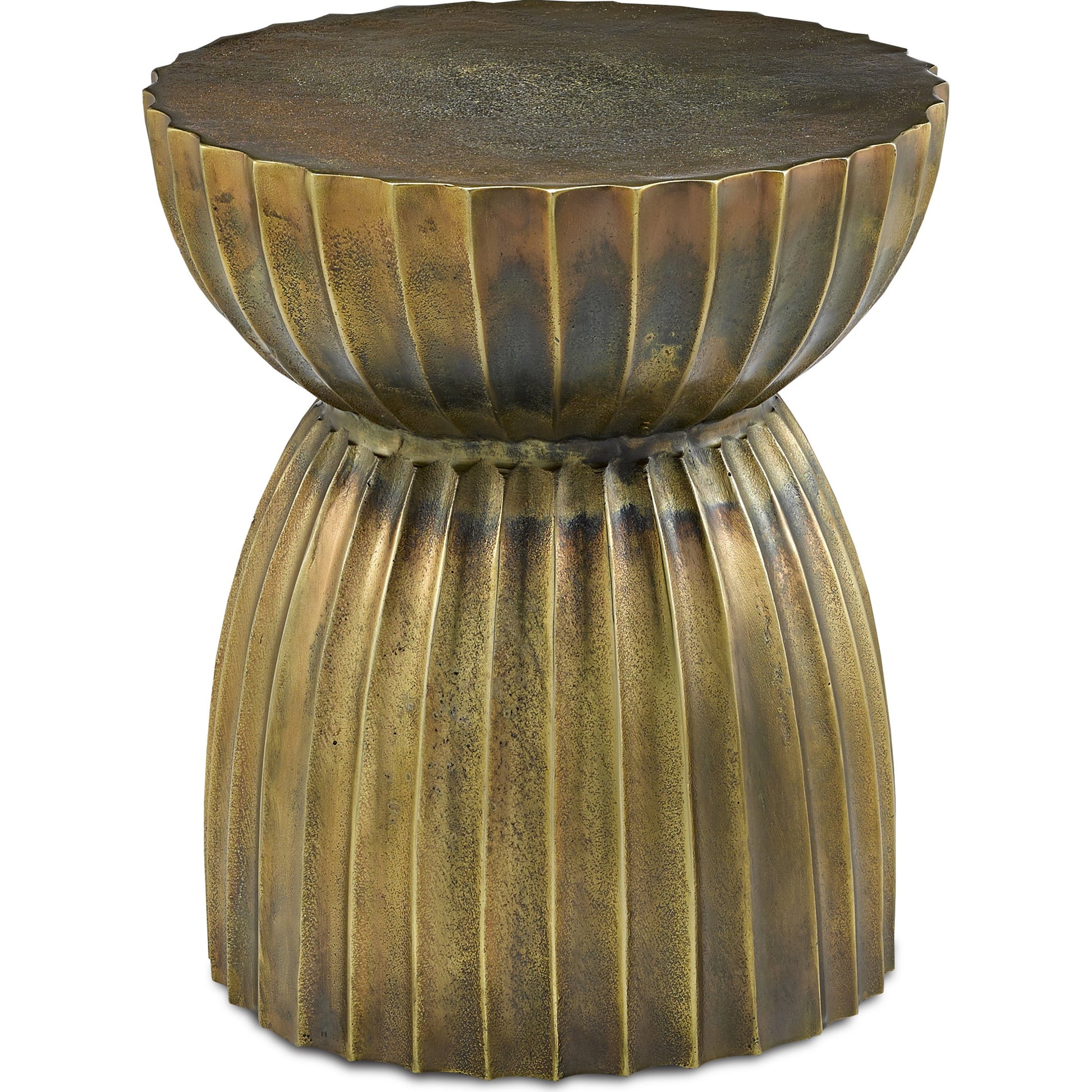 Rasi Table/Stool by Currey and Company in antique brass. Made from cast aluminum in a modern style.