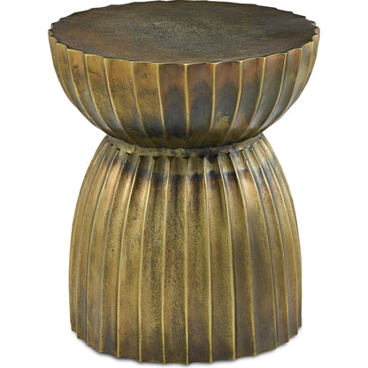 Rasi Table/Stool by Currey and Company in antique brass. Made from cast aluminum in a modern style.