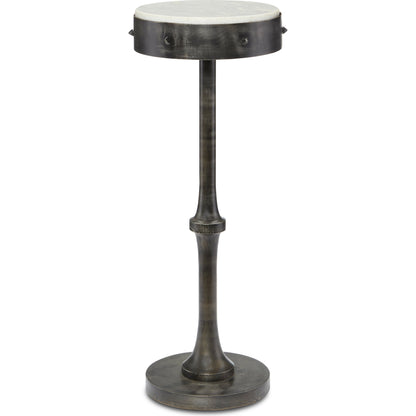 Helios Drinks Table by Currey and Company in antique black, white. Made from wrought iron, marble in a transitional style.