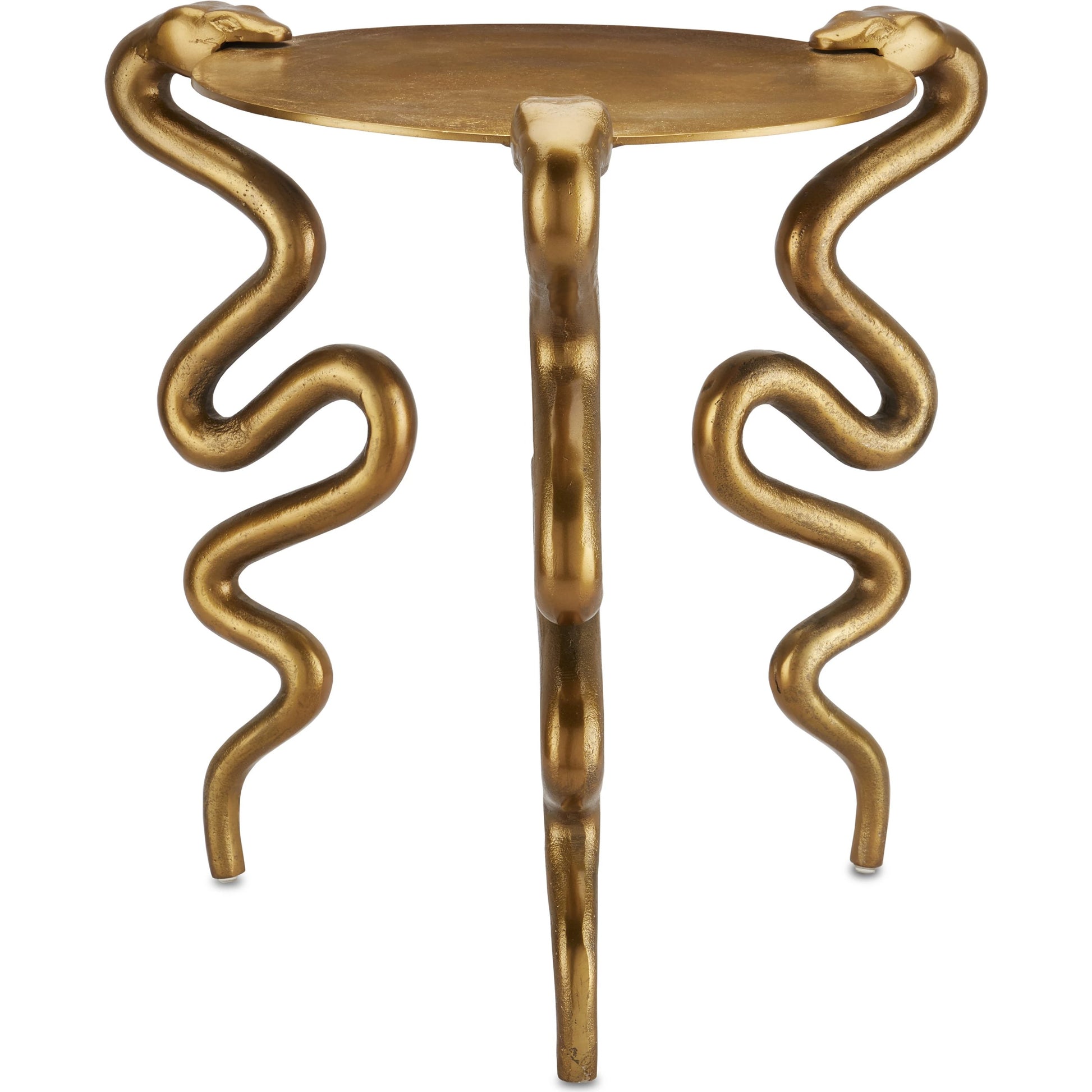 Serpent Accent Table by Currey and Company in antique brass. Made from cast aluminum in a modern style.