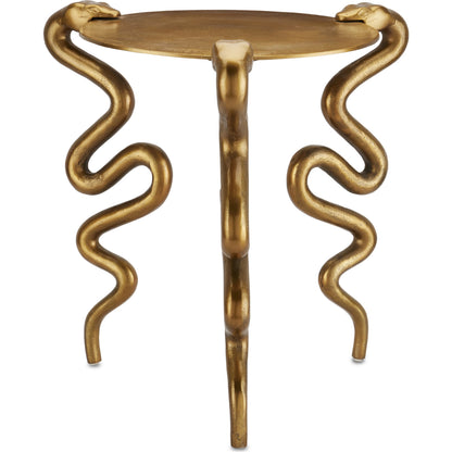 Serpent Accent Table by Currey and Company in antique brass. Made from cast aluminum in a modern style.