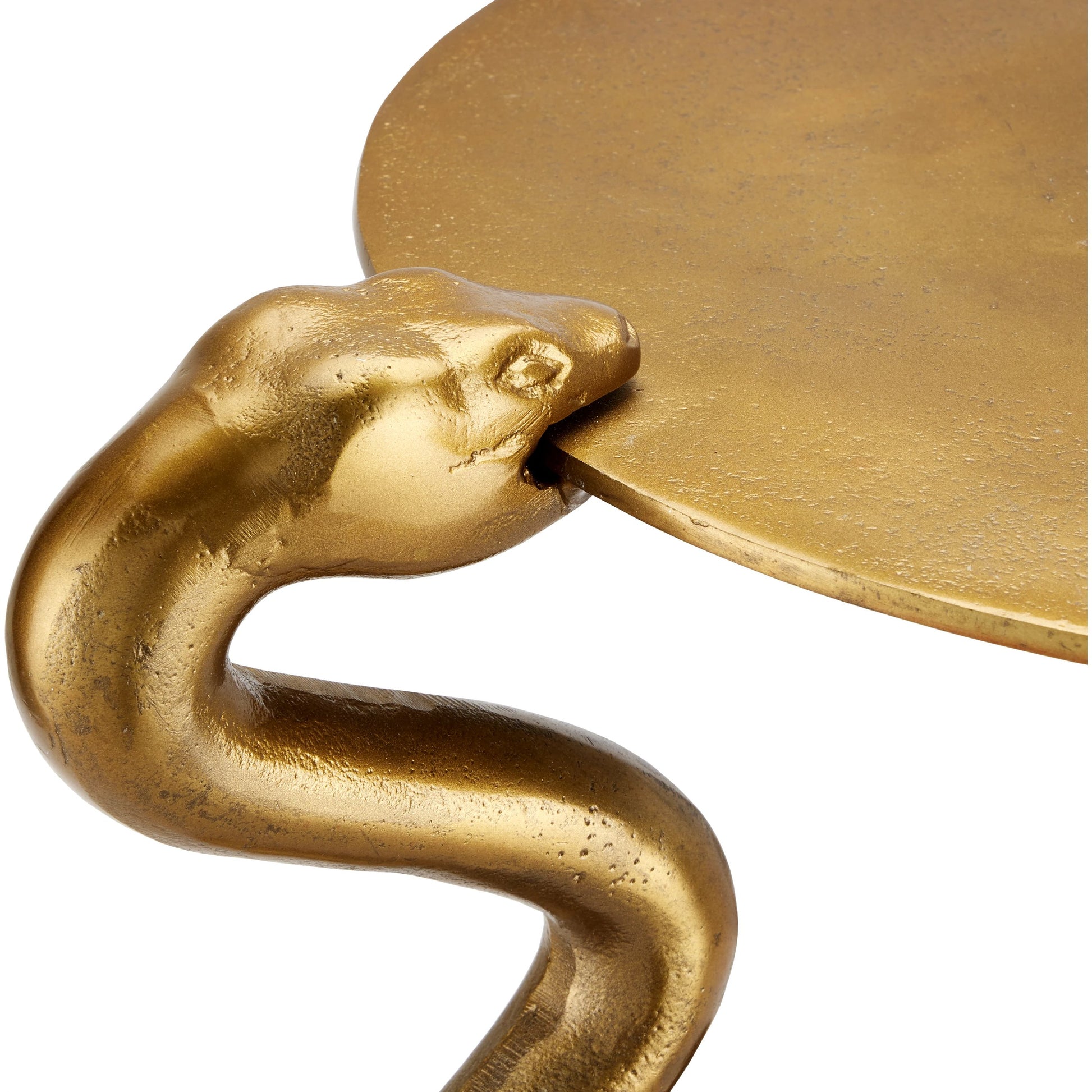 Serpent Accent Table by Currey and Company in antique brass. Made from cast aluminum in a modern style.