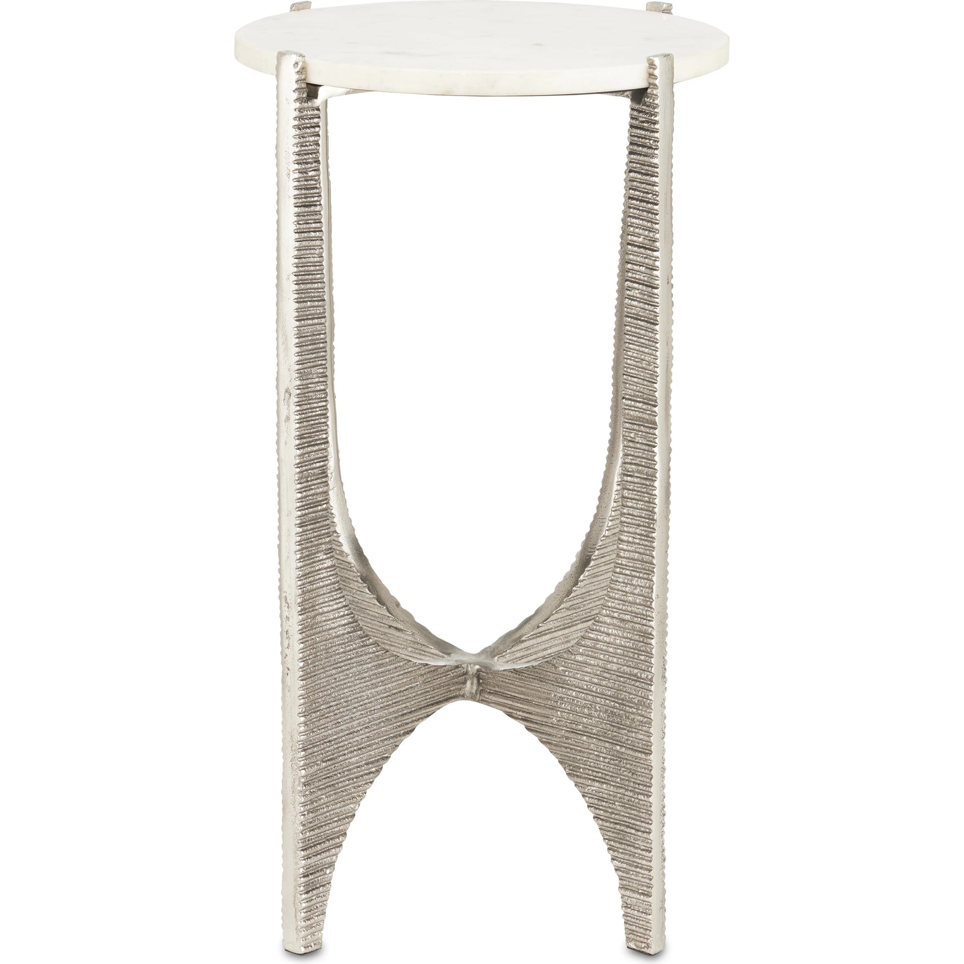 Micha Accent Table by Currey and Company in antique nickel, white. Made from cast aluminum, marble in a modern style.