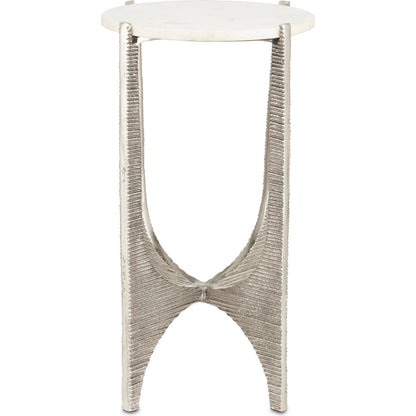 Micha Accent Table by Currey and Company in antique nickel, white. Made from cast aluminum, marble in a modern style.