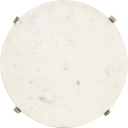 Micha Accent Table by Currey and Company in antique nickel, white. Made from cast aluminum, marble in a modern style.