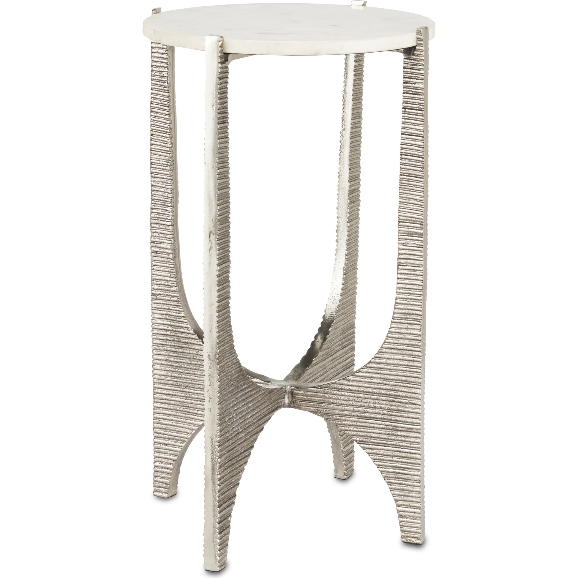 Micha Accent Table by Currey and Company in antique nickel, white. Made from cast aluminum, marble in a modern style.