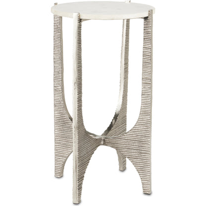 Micha Accent Table by Currey and Company in antique nickel, white. Made from cast aluminum, marble in a modern style.