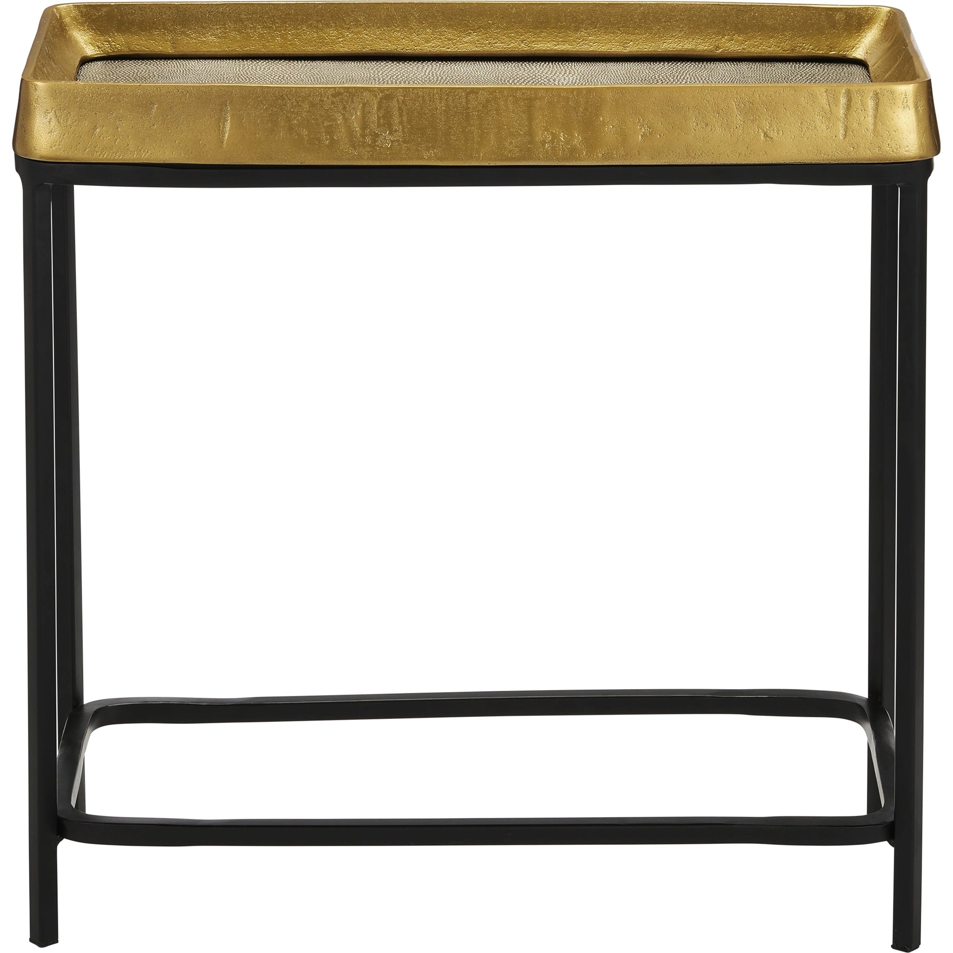 Tanay Side Table by Currey and Company in antique brass, graphite, black. Made from cast aluminum, iron in a transitional style.