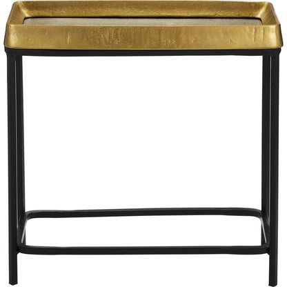 Tanay Side Table by Currey and Company in antique brass, graphite, black. Made from cast aluminum, iron in a transitional style.