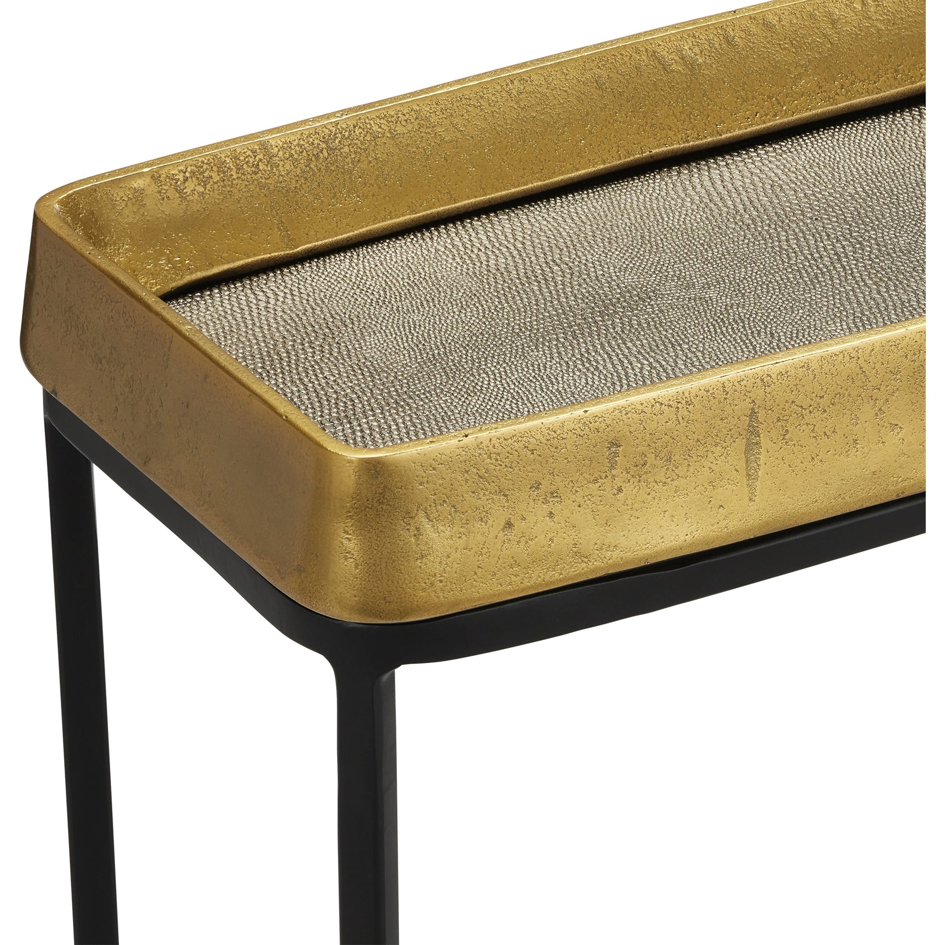 Tanay Side Table by Currey and Company in antique brass, graphite, black. Made from cast aluminum, iron in a transitional style.