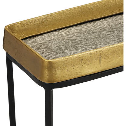 Tanay Side Table by Currey and Company in antique brass, graphite, black. Made from cast aluminum, iron in a transitional style.