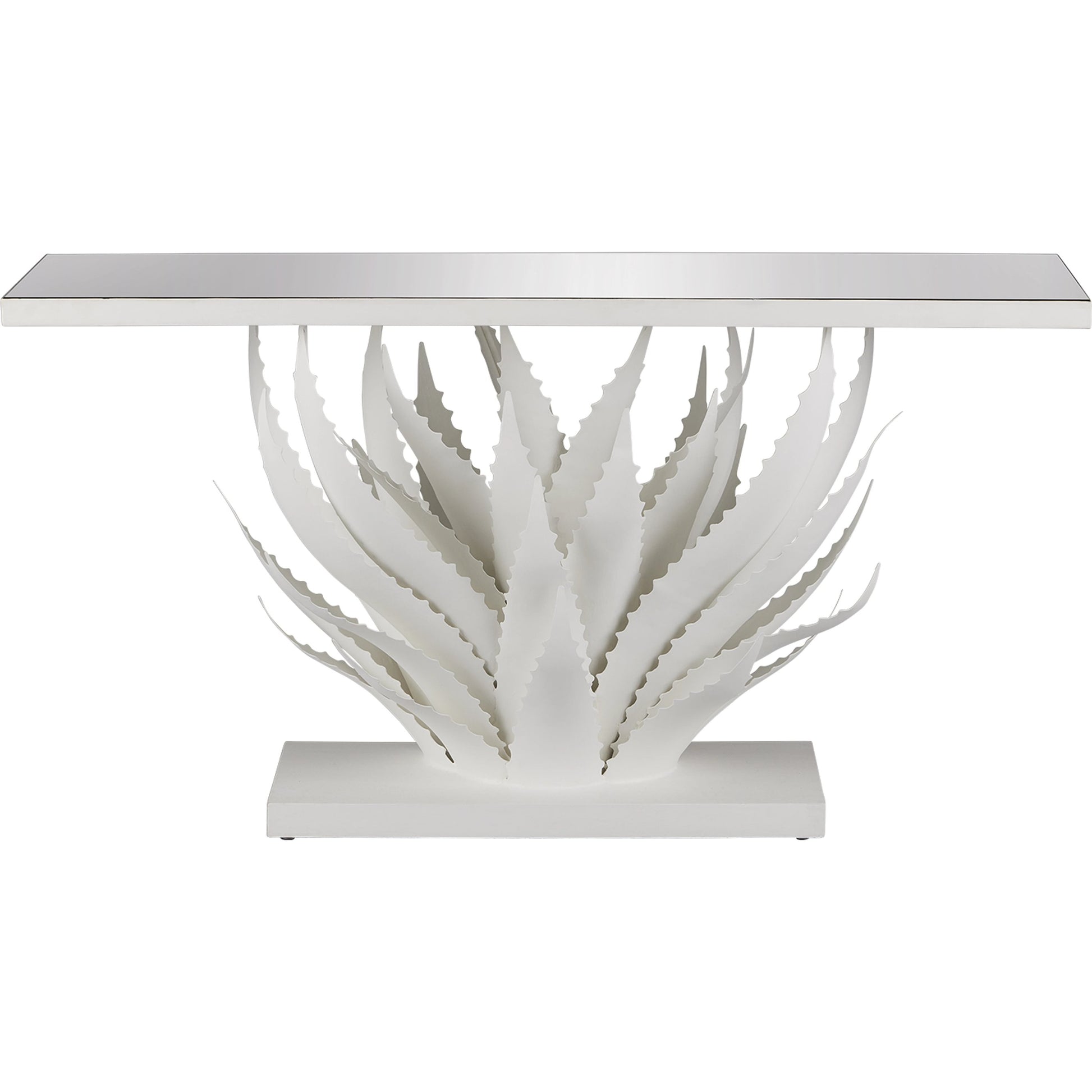 Agave Console Table by Currey and Company in gesso white, mirror. Made from wrought iron, glass in a modern style.