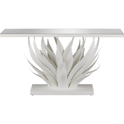 Agave Console Table by Currey and Company in gesso white, mirror. Made from wrought iron, glass in a modern style.