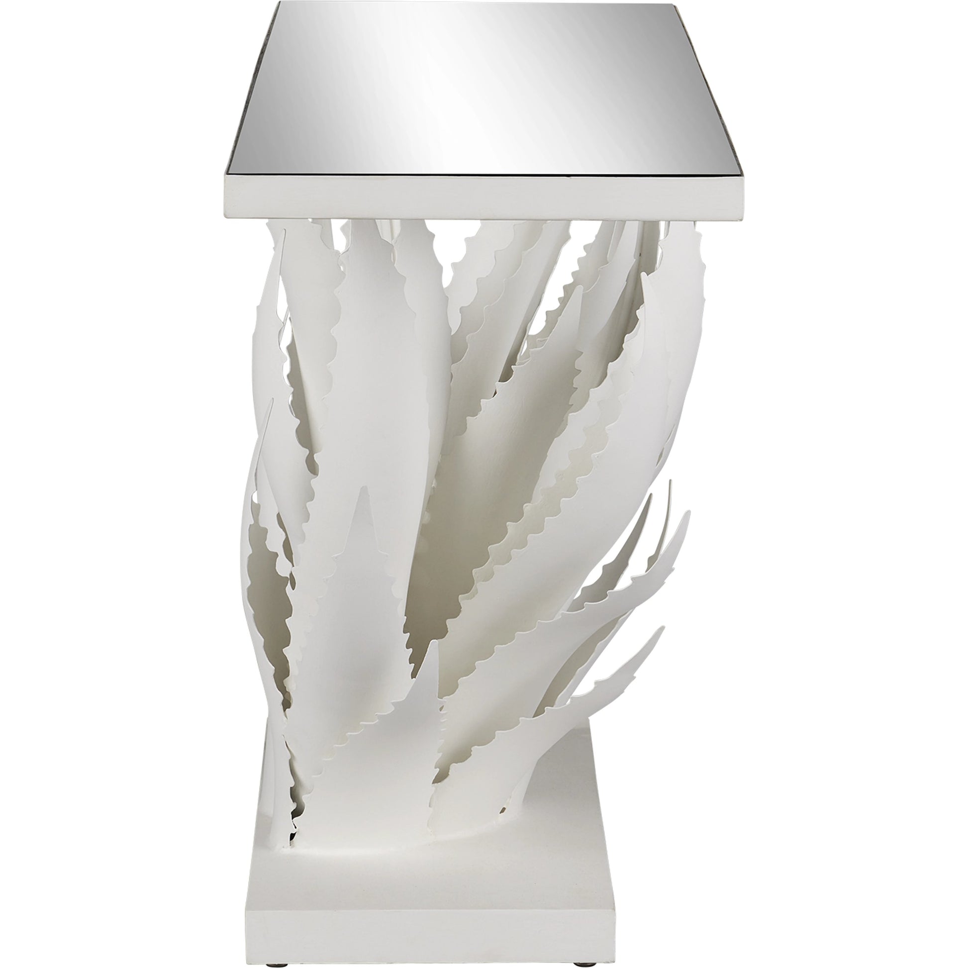 Agave Console Table by Currey and Company in gesso white, mirror. Made from wrought iron, glass in a modern style.