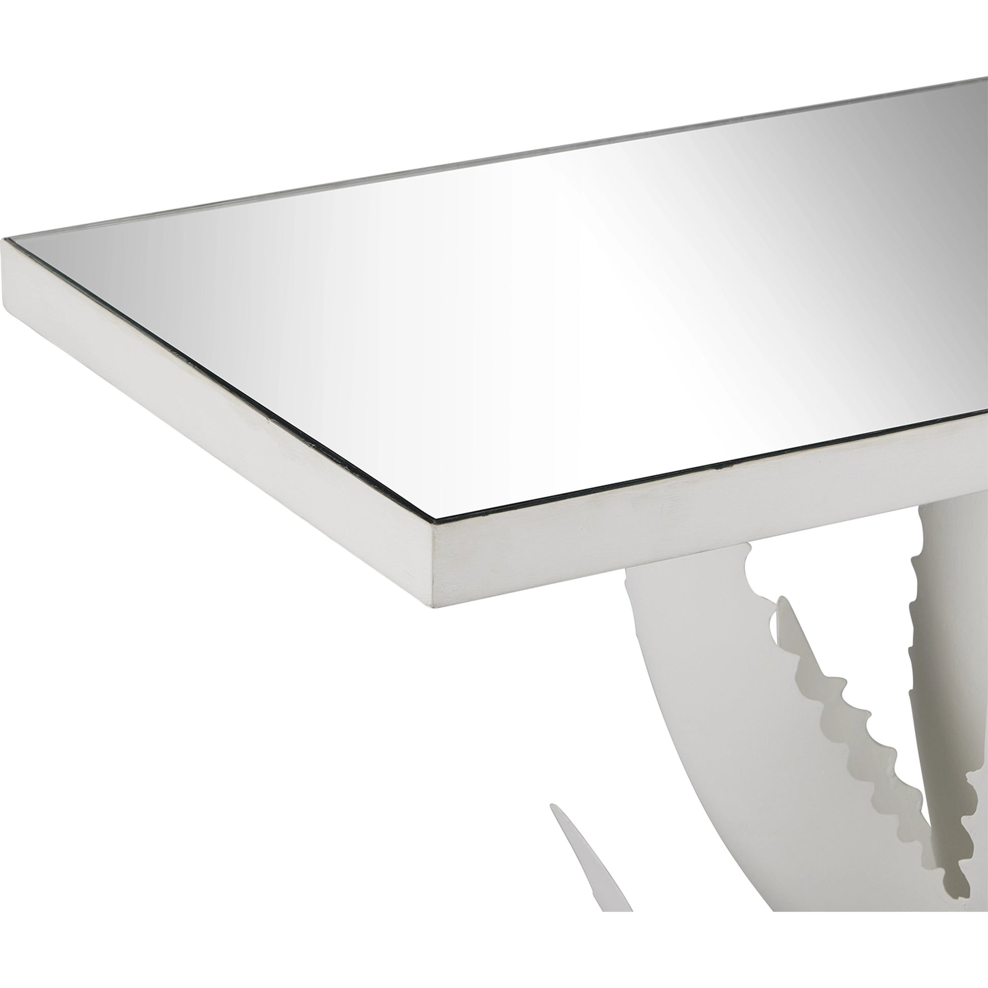 Agave Console Table by Currey and Company in gesso white, mirror. Made from wrought iron, glass in a modern style.