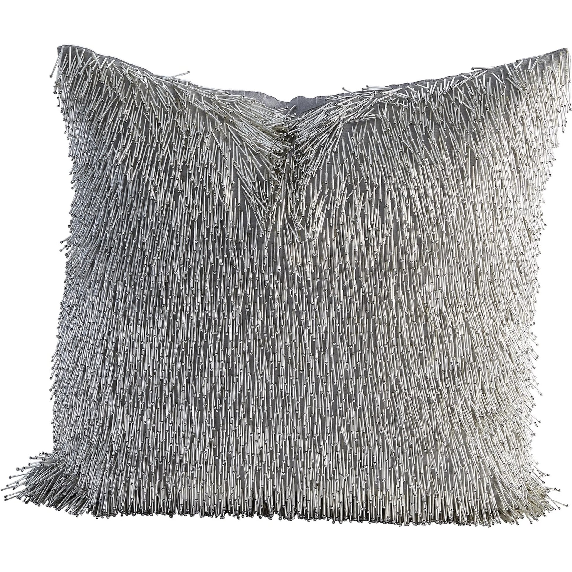 Shimmy Fringe Pillow by Global Views in silver and silver. Made from polyester with cotton lining fitted with glass beads in a transitional style.