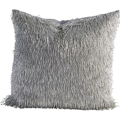 Shimmy Fringe Pillow by Global Views in silver and silver. Made from polyester with cotton lining fitted with glass beads in a transitional style.