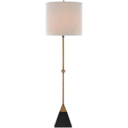Recluse Table Lamp by Currey and Company in vintage brass, black. Made from brass, granite in a modern style.