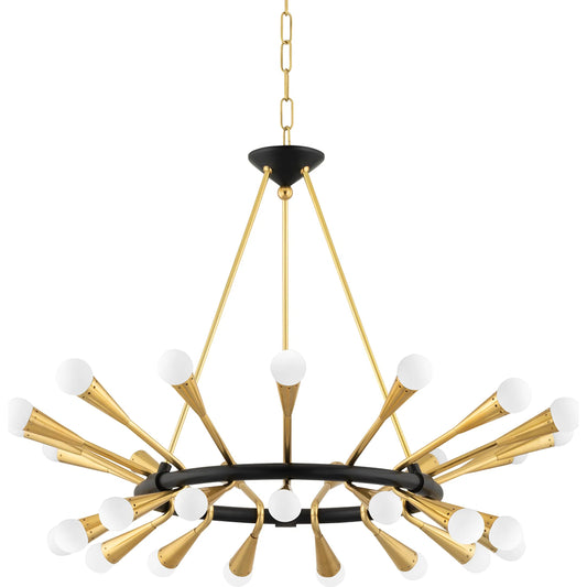 Aries Chandelier by Corbett in vintage polished brass, deep bronze. Made from brass in a modern style.