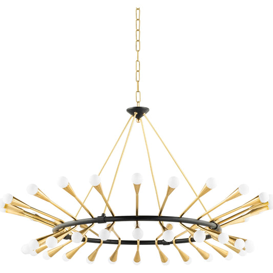 Aries Chandelier by Corbett in vintage polished brass, deep bronze. Made from brass in a modern style.