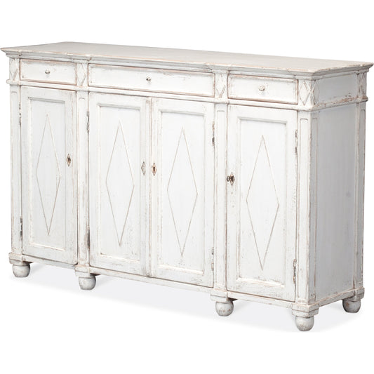 Diamond Wall Sideboard by Sarreid Ltd. in white and 3 removable shelves 3 drawers. Made from pine in a cottage & farmhouse style.