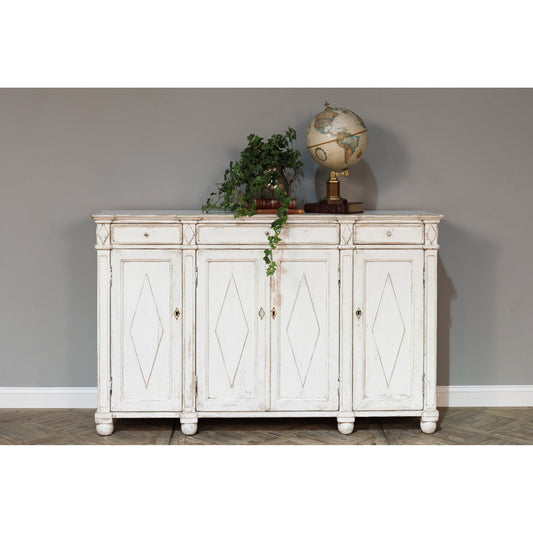 Diamond Wall Sideboard by Sarreid Ltd. in white and 3 removable shelves 3 drawers. Made from pine in a cottage & farmhouse style.