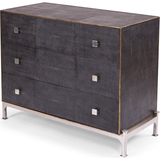 Grey Shagreen Dresser by Sarreid Ltd. in gray and 3 drawers marbelized paper lining. Made from leather, iron in a transitional style.