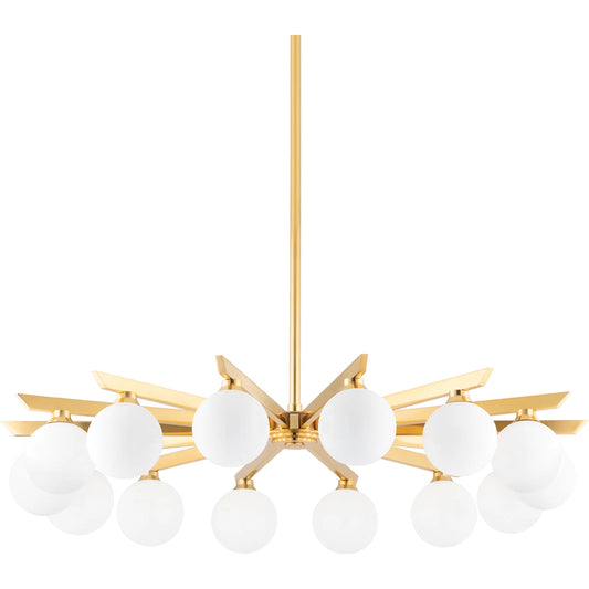 Astra 14 Light Chandelier by Corbett in vintage brass. Made from steel in a modern style.