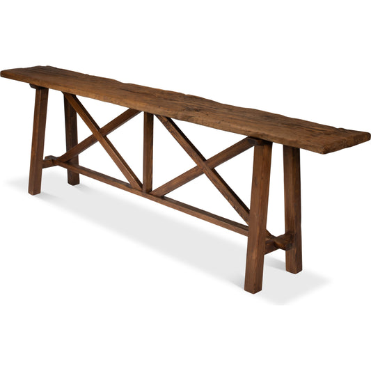 Double X Base Sofa Table by Sarreid Ltd. in tan and 100 years old floor boards varies. Made from pine in a cottage & farmhouse style.