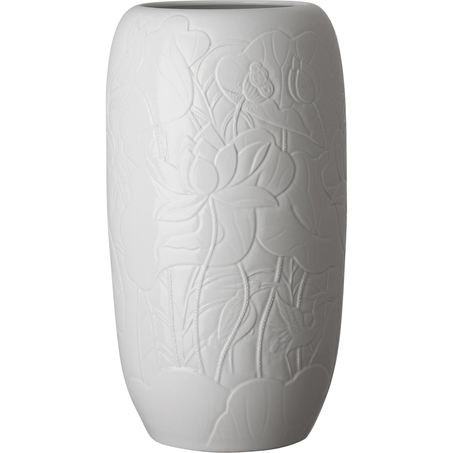 001 S-300713 | Primary Silo | Lotus Engraved Vase by Emissary in white. Made from unique in a modern style.