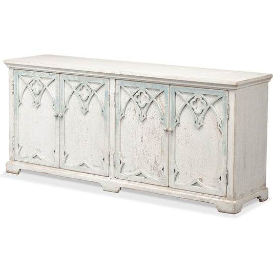 Alambra Sideboard by Sarreid Ltd. in white and two removable shelves. Made from pine in a traditional style.