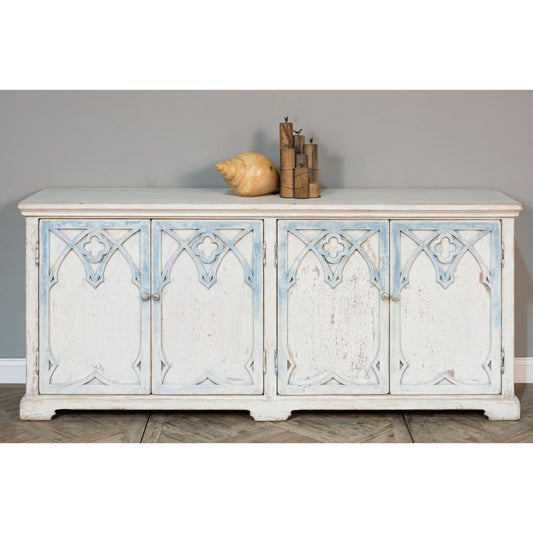Alambra Sideboard by Sarreid Ltd. in white and two removable shelves. Made from pine in a traditional style.