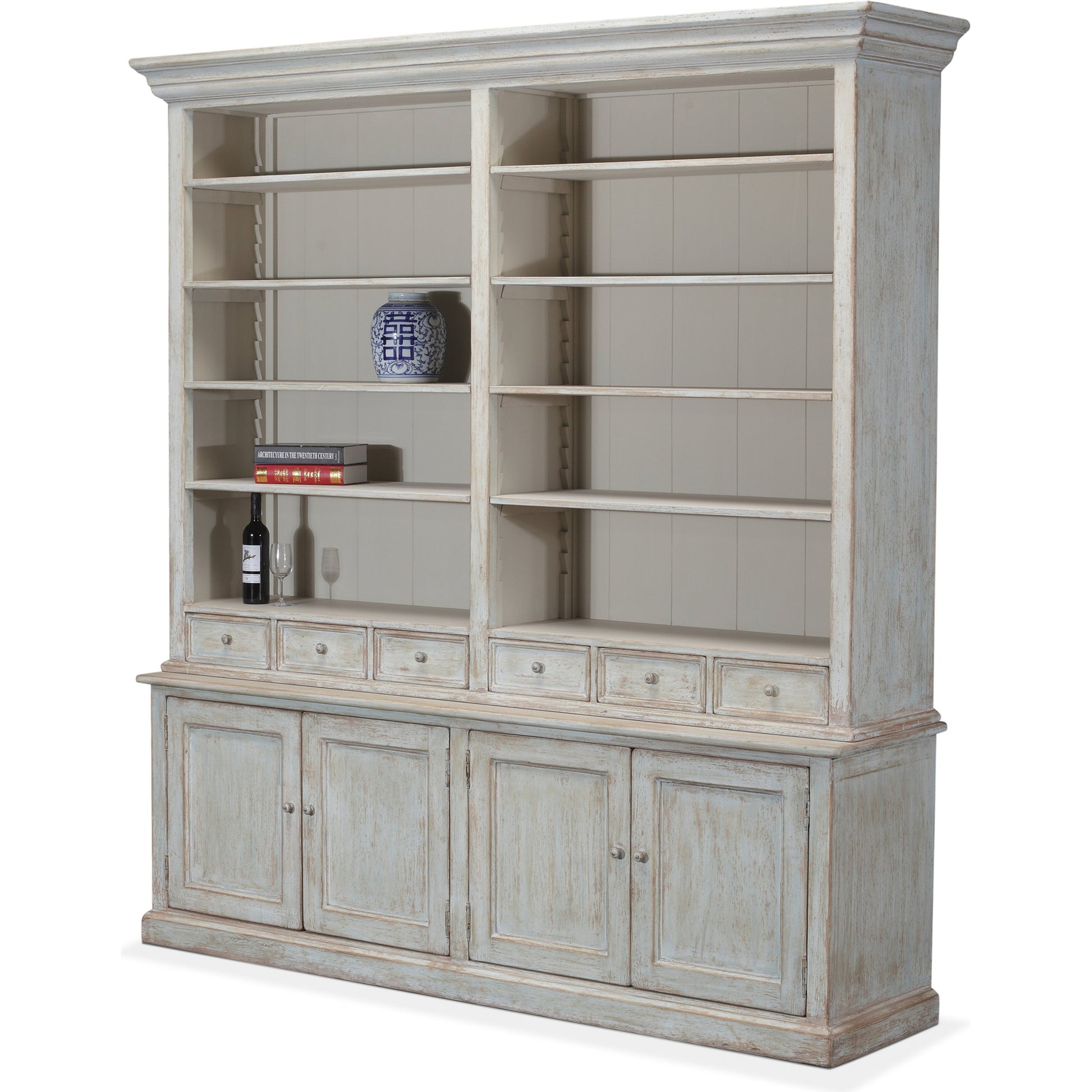 Book Cabinet by Sarreid Ltd. in antique blue wash and 8 adjustable 2 removable shelves. Made from pine in a cottage & farmhouse style.