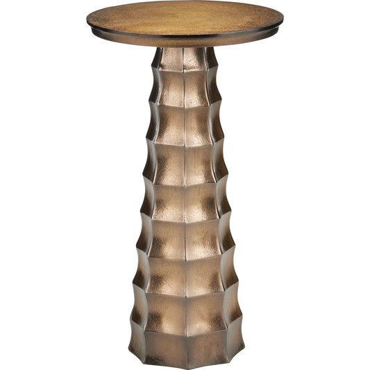 Gridiron Drinks Table by Currey and Company in antique brass. Made from cast aluminum in a unique style.