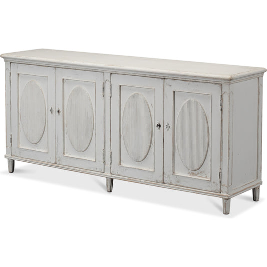 Whitewash Ribbon Sideboard by Sarreid Ltd. in white and two removable shelves. Made from pine in a cottage & farmhouse style.