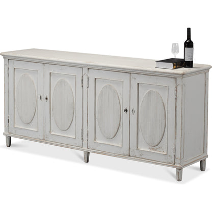 Whitewash Ribbon Sideboard by Sarreid Ltd. in white and two removable shelves. Made from pine in a cottage & farmhouse style.