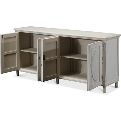 Whitewash Ribbon Sideboard by Sarreid Ltd. in white and two removable shelves. Made from pine in a cottage & farmhouse style.