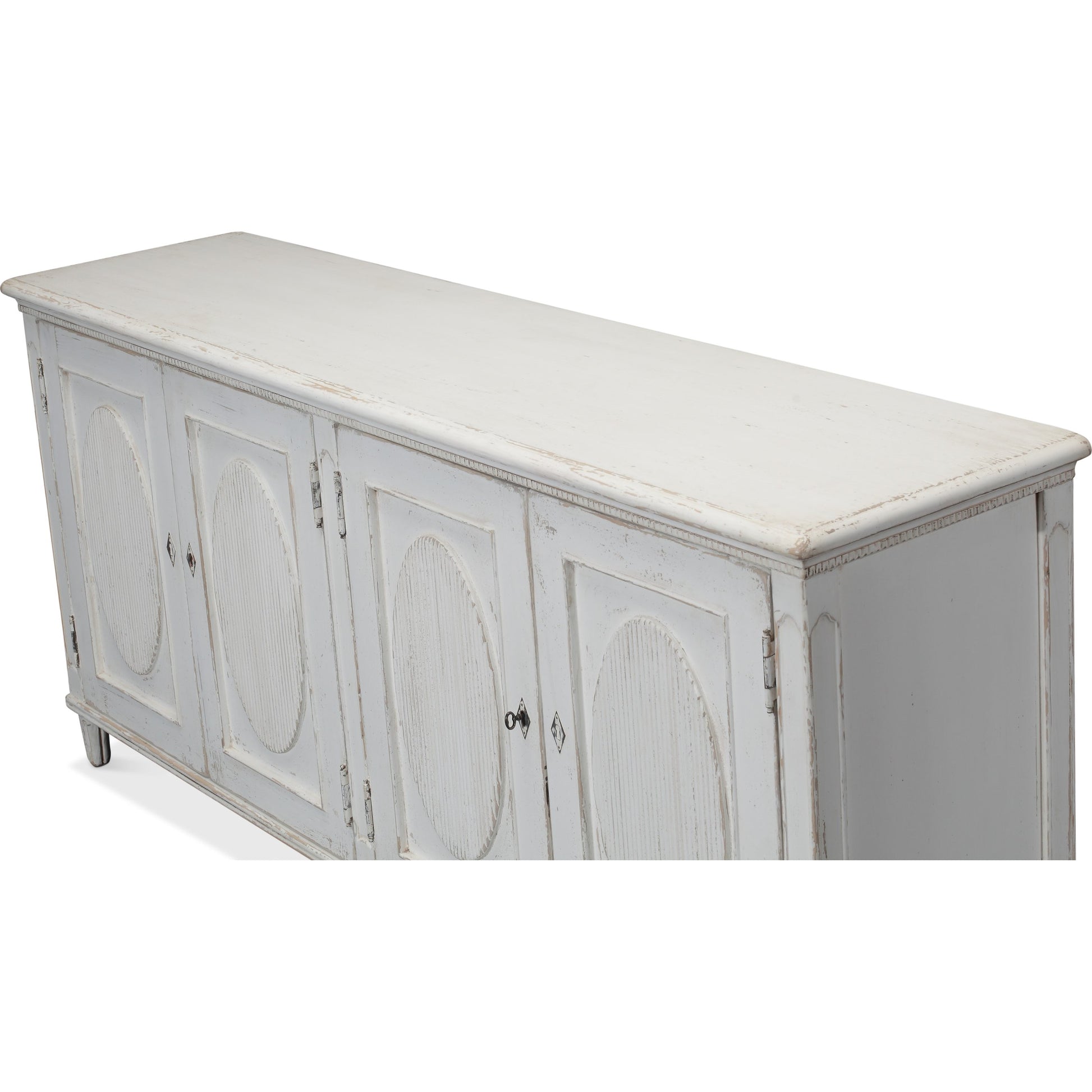 Whitewash Ribbon Sideboard by Sarreid Ltd. in white and two removable shelves. Made from pine in a cottage & farmhouse style.