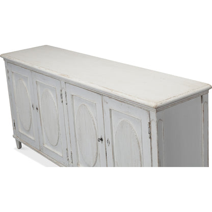 Whitewash Ribbon Sideboard by Sarreid Ltd. in white and two removable shelves. Made from pine in a cottage & farmhouse style.