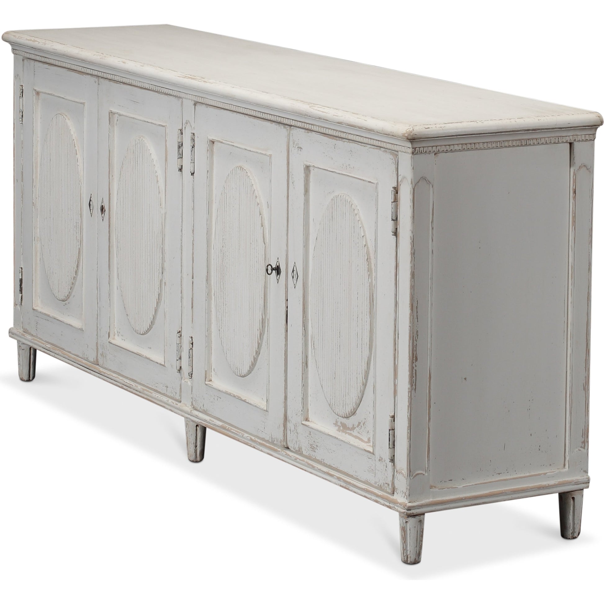Whitewash Ribbon Sideboard by Sarreid Ltd. in white and two removable shelves. Made from pine in a cottage & farmhouse style.