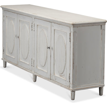 Whitewash Ribbon Sideboard by Sarreid Ltd. in white and two removable shelves. Made from pine in a cottage & farmhouse style.