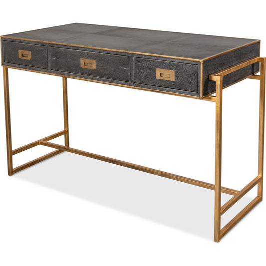 Grey Leather Shagreen Desk by Sarreid Ltd. in gray and 3 drawers w/marbleized paper. Made from leather, marble, iron in a transitional style.