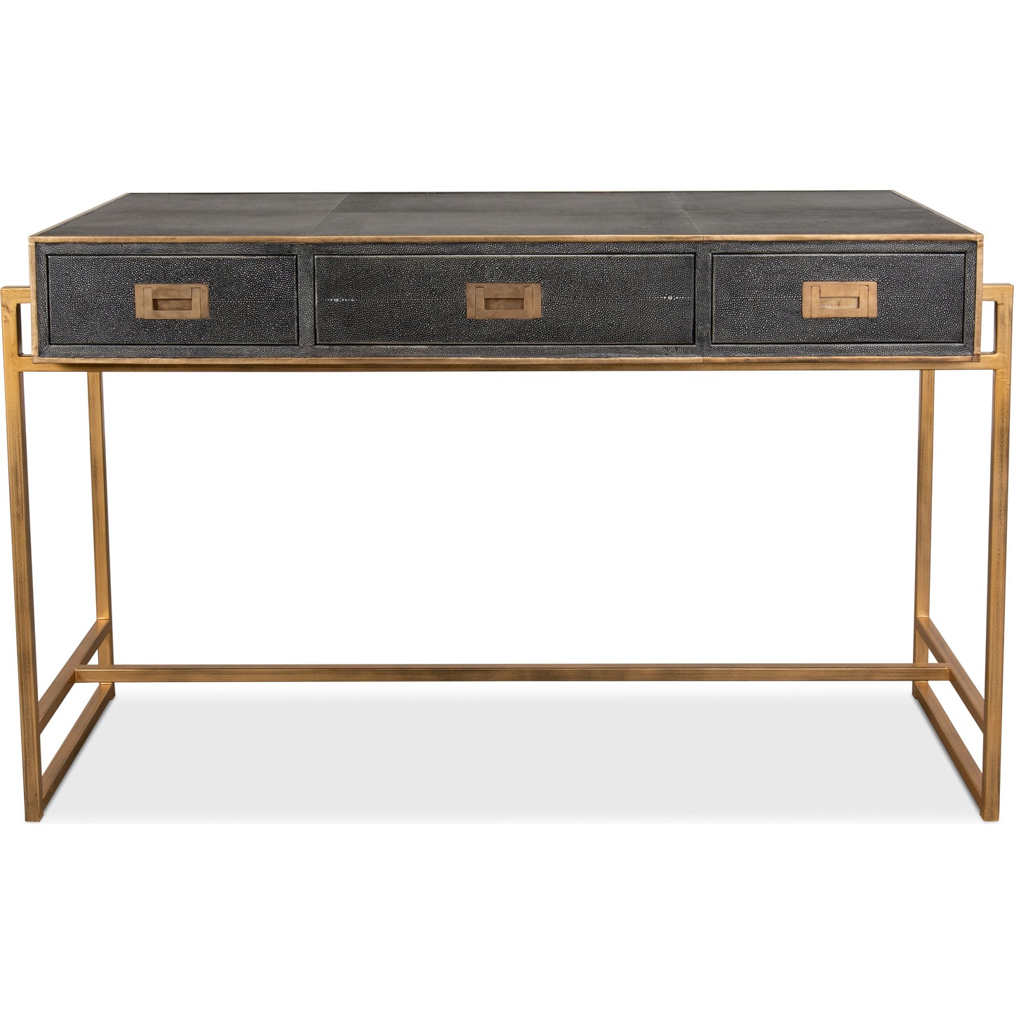 002 SR-857752 | Additional Silo | Grey Leather Shagreen Desk by Sarreid Ltd. in gray and 3 drawers w/marbleized paper. Made from leather, marble, iron in a transitional style.