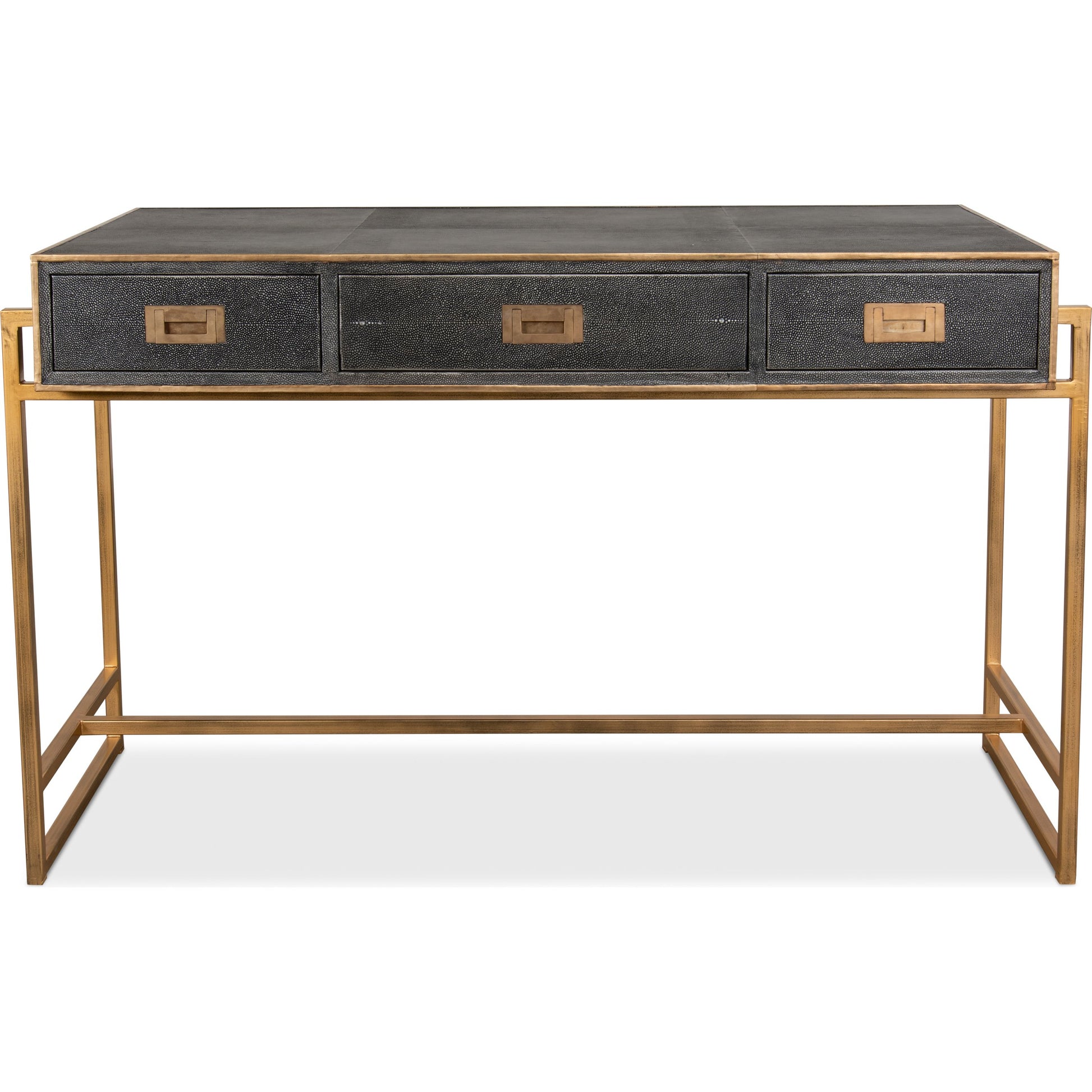 Grey Leather Shagreen Desk by Sarreid Ltd. in gray and 3 drawers w/marbleized paper. Made from leather, marble, iron in a transitional style.