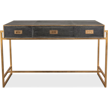 Grey Leather Shagreen Desk by Sarreid Ltd. in gray and 3 drawers w/marbleized paper. Made from leather, marble, iron in a transitional style.