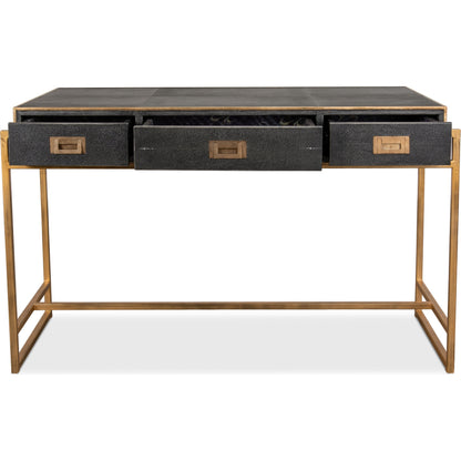 Grey Leather Shagreen Desk by Sarreid Ltd. in gray and 3 drawers w/marbleized paper. Made from leather, marble, iron in a transitional style.