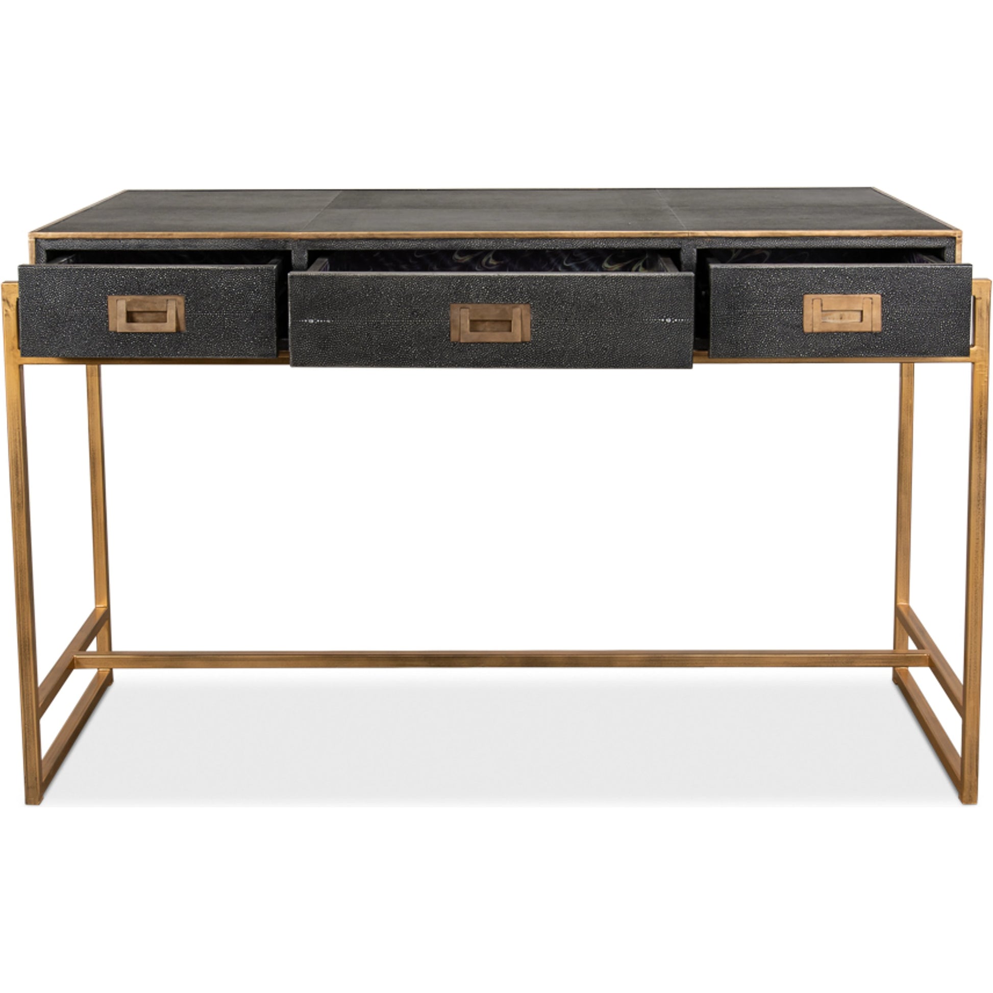 Grey Leather Shagreen Desk by Sarreid Ltd. in gray and 3 drawers w/marbleized paper. Made from leather, marble, iron in a transitional style.