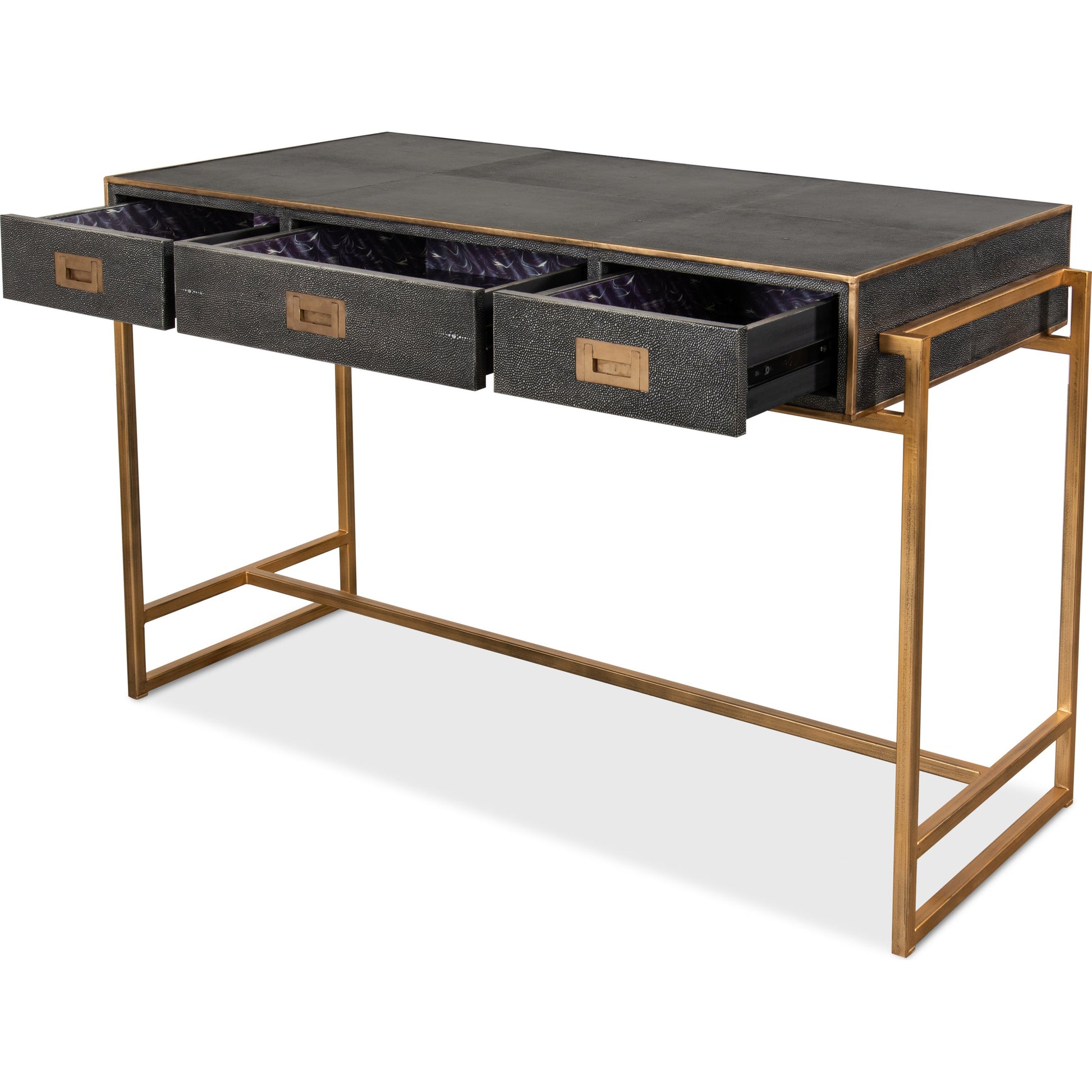 Grey Leather Shagreen Desk by Sarreid Ltd. in gray and 3 drawers w/marbleized paper. Made from leather, marble, iron in a transitional style.